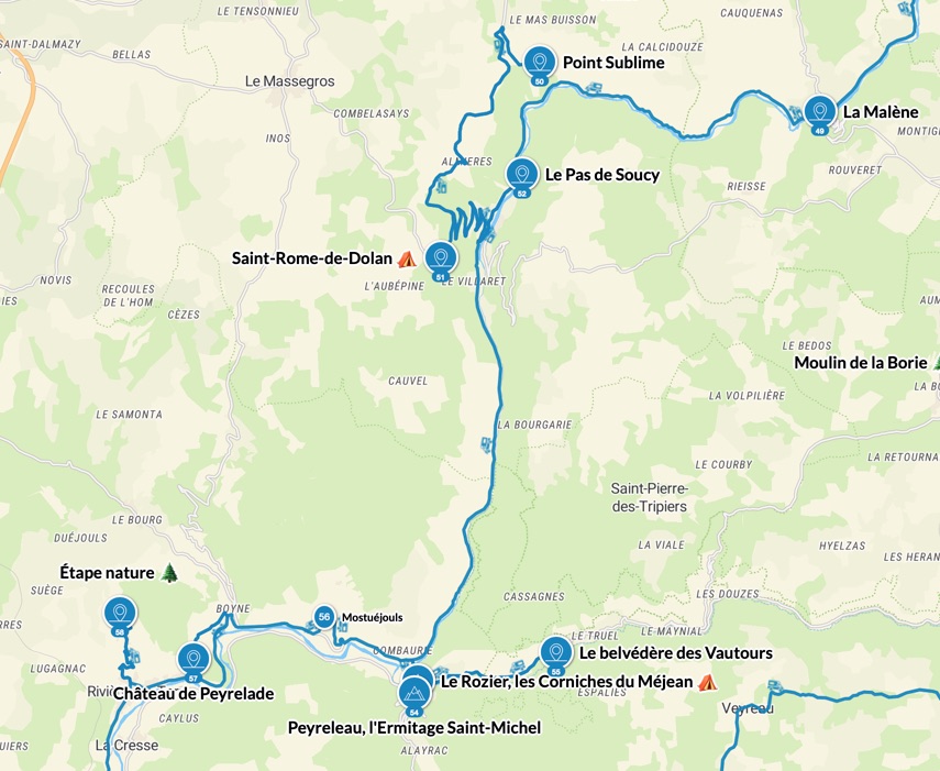 Carte de La Malène jusqu'au château de Peyrelade