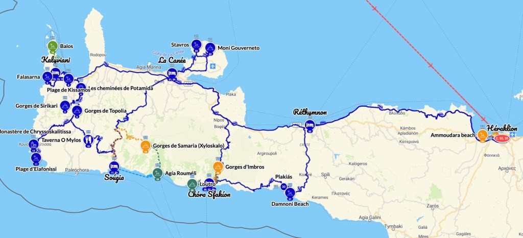 Carte du voyage en Crète vers l'ouest